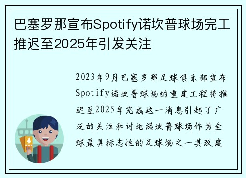 巴塞罗那宣布Spotify诺坎普球场完工推迟至2025年引发关注 巴塞罗那宣布Spotify诺坎普球场完工推迟至2025年引发关注